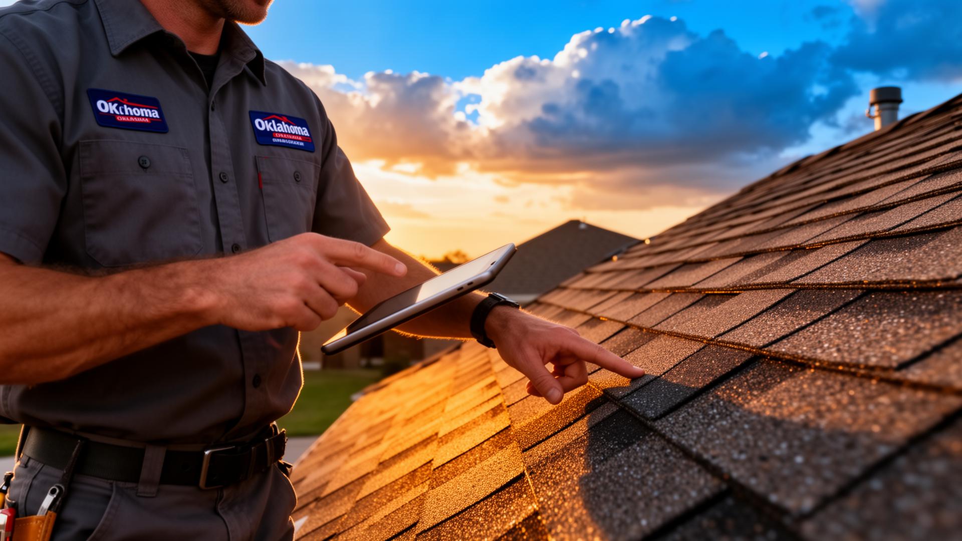 Roofing inspector on residential roof in Oklahoma